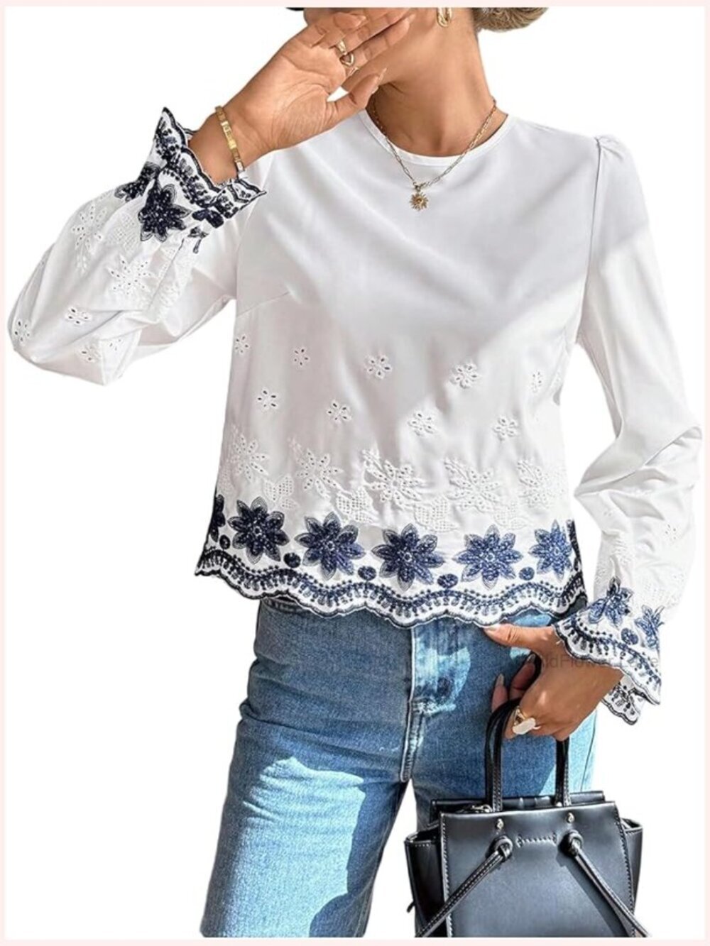 Boho Eyelet Long Sleeve Blouse Floral Embroidery Casual Vacation Top